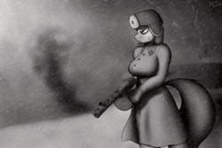 Size: 1920x1280 | Tagged: safe, artist:devs-iratvs, character:octavia melody, species:anthro, big breasts, breasts, clothing, female, grayscale, gun, monochrome, ppsh-41, snow, snowfall, solo, soviet, weapon, world war ii