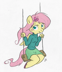 Size: 627x725 | Tagged: safe, artist:greenlinzerd, artist:swiftcutter, derpibooru original, edit, character:fluttershy, species:anthro, species:pegasus, species:unguligrade anthro, g4, clothing, color edit, colored, colored hooves, colored pupils, cute, female, hooves, looking at you, mare, shyabetes, signature, solo, sweater, sweatershy, swing, three quarter view, turtleneck, unshorn fetlocks