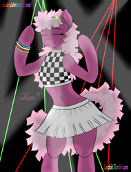 Size: 1900x2500 | Tagged: safe, artist:lordzid, character:cheerilee, species:earth pony, species:pony, 80s, 80s cheerilee, belly button, bipedal, clothing, dancing, eyes closed, female, laser, midriff, miniskirt, semi-anthro, skirt, sleeveless, solo