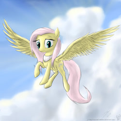 Size: 900x900 | Tagged: safe, artist:rule1of1coldfire, character:fluttershy, species:pegasus, species:pony, cloud, female, flying, looking at you, mare, raised hoof, sky, smiling, solo, spread wings, three quarter view, wings