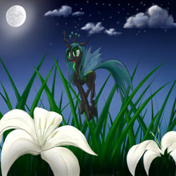 Size: 900x900 | Tagged: safe, artist:rule1of1coldfire, character:queen chrysalis, species:changeling, buzzing wings, changeling queen, fangs, female, flower, flying, frown, moon, open mouth, smiling, solo, tiny, tiny changeling, tongue out