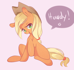 Size: 658x623 | Tagged: safe, artist:coffeechicken, character:applejack, dialogue, female, simple background, sitting, solo