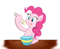 Size: 900x731 | Tagged: safe, artist:rule1of1coldfire, character:pinkie pie, bowl, chopsticks, cute, dexterous hooves, diapinkes, dumpling, female, food, solo, tongue out