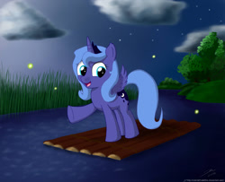 Size: 900x731 | Tagged: safe, artist:rule1of1coldfire, character:princess luna, species:pony, female, raft, raised hoof, solo, water, woona