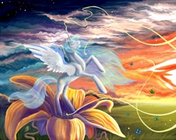 Size: 1200x949 | Tagged: safe, artist:dragonataxia, character:princess celestia, species:alicorn, species:pony, g4, birth, butterfly, eyes closed, female, flower, mare, rearing, solo