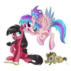Size: 894x894 | Tagged: safe, artist:swanlullaby, character:doctor whooves, character:time turner, oc, oc:macdolia, oc:shiny dawn, species:earth pony, species:pegasus, species:pony, choker, cute, digital art, duo, flying, open mouth, pigtails, plushie, pocket watch, raised hoof, sisters, sitting, smiling, spread wings, whisper, wings
