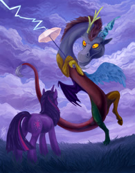 Size: 1560x2000 | Tagged: safe, artist:dragonataxia, character:discord, character:twilight sparkle, species:pony, species:unicorn, g4, female, lightning, mare, umbrella