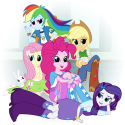 Size: 1833x1833 | Tagged: safe, artist:violetclm, character:angel bunny, character:applejack, character:fluttershy, character:pinkie pie, character:rainbow dash, character:rarity, my little pony:equestria girls, balloon, boots, bracelet, cigarette, clothing, cowboy boots, fanfic, fanfic art, fanfic cover, high heel boots, humane five, jeans, jewelry, parody, skirt, the breakfast club, wristband