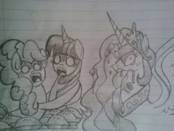 Size: 600x450 | Tagged: safe, artist:zigragirl, character:pinkie pie, character:princess celestia, character:twilight sparkle, character:twilight sparkle (alicorn), species:alicorn, species:earth pony, species:pony, female, lined paper, mare, monochrome, pencil drawing, pie, pied, screaming internally, shocked, traditional art, undead, zombie, zombie pony
