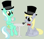 Size: 150x135 | Tagged: safe, artist:tomdantherock, character:derpy hooves, character:lyra heartstrings, species:pegasus, species:pony, species:unicorn, g4, animated, classy, clothing, duo, female, hat, mare, pipe, simple background, sitting, tea, top hat