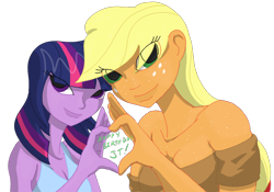 Size: 1032x722 | Tagged: safe, artist:wryte, character:applejack, character:twilight sparkle, ship:twijack, my little pony:equestria girls, bare shoulder portrait, birthday, breasts, cleavage, clothing, female, freckles, heart hands, lesbian, shipping, simple background, transparent background