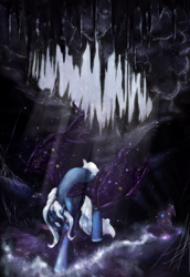 Size: 2408x3494 | Tagged: safe, artist:miradge, artist:noel, character:trixie, species:alicorn, species:bat pony, species:pony, g4, alicornified, bat pony alicorn, cave, clothing, colored wings, crepuscular rays, crying, female, hat, high res, mare, race swap, solo, stalactite, stalagmite, starry wings, trixiecorn, wings