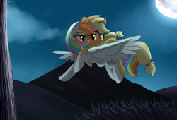 Size: 2800x1900 | Tagged: safe, artist:misspolycysticovary, character:applejack, character:rainbow dash, ship:appledash, bedroom eyes, female, flying, lesbian, moon, ponies riding ponies, riding, shipping