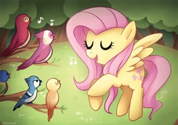 Size: 744x524 | Tagged: safe, artist:tsurime, character:fluttershy, species:bird, orchirpstra, singing