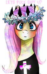 Size: 1200x1900 | Tagged: safe, artist:misspolycysticovary, character:fluttershy, clothing, cross, female, pastel goth, shirt, solo, vulgar