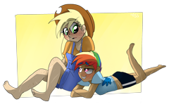 Size: 2800x1740 | Tagged: safe, artist:misspolycysticovary, character:applejack, character:rainbow dash, species:human, ship:appledash, barefoot, feet, female, freckles, humanized, lesbian, shipping