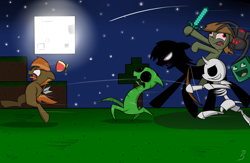 Size: 2000x1300 | Tagged: safe, artist:pandramodo, character:button mash, species:earth pony, species:pony, arrow, awsome face, bow (weapon), bow and arrow, clothing, colt, creeper, crossover, dexterous hooves, diamond sword, don't mine at night, enderman, full moon, giant spider, hat, hoof hold, male, minecraft, moon, propeller hat, running away, skeleton, slime monster, spider, sword, weapon, zombie