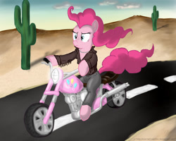 Size: 900x720 | Tagged: safe, artist:rule1of1coldfire, character:pinkie pie, biker, clothing, female, jacket, leather jacket, leather pants, motorcycle, solo