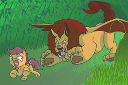Size: 3000x2000 | Tagged: safe, artist:crispokefan, character:scootaloo, species:pegasus, species:pony, everfree forest, high res, manticore, running, this will end in tears and/or death, trouble