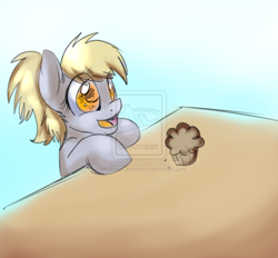 Size: 1024x951 | Tagged: dead source, safe, artist:rflzqt, character:derpy hooves, species:pegasus, species:pony, cute, deviantart watermark, female, filly, muffin, obtrusive watermark, solo, table, watermark