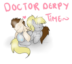 Size: 1024x910 | Tagged: dead source, safe, artist:rflzqt, character:derpy hooves, character:doctor whooves, character:time turner, species:pegasus, species:pony, ship:doctorderpy, cuddling, deviantart watermark, female, heart, male, mare, obtrusive watermark, ponytail, shipping, simple background, snuggling, straight, watermark