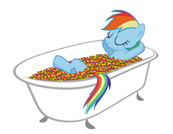 Size: 1776x1371 | Tagged: safe, artist:flare-chaser, character:rainbow dash, arm behind head, bath, bathing in food, bathtub, candy, claw foot bathtub, crossed legs, eyes closed, female, food, relaxing, simple background, skittles, smiling, solo, taste the rainbow, transparent background