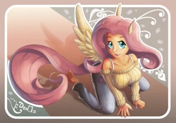 Size: 1024x715 | Tagged: safe, artist:don-ko, character:fluttershy, species:human, g4, breasts, busty fluttershy, clothing, eared humanization, female, humanized, kneeling, snowflake, solo, sweater, sweatershy, tailed humanization, winged humanization