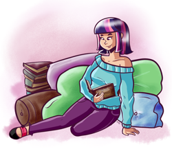 Size: 1000x868 | Tagged: safe, artist:php52, character:twilight sparkle, species:human, book, clothing, female, humanized, off shoulder, pillow, solo