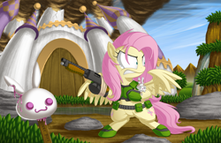 Size: 1200x776 | Tagged: safe, artist:berrypawnch, character:angel bunny, character:fluttershy, species:pegasus, species:pony, angry, armor, bandaid, belt, bipedal, body armor, canterlot, crossover, doom, doomguy, female, gate, glare, gritted teeth, gun, injured, mare, parody, popsicle, ruins, shotgun, spread wings, tape, weapon, wide eyes, wings