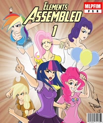 Size: 1241x1484 | Tagged: safe, artist:frankaraya, character:applejack, character:fluttershy, character:pinkie pie, character:rainbow dash, character:rarity, character:twilight sparkle, avengers, cleavage, clothing, comic book, crossover, female, humanized, mane six, skirt