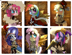 Size: 1300x1000 | Tagged: safe, artist:misspolycysticovary, character:applejack, character:fluttershy, character:pinkie pie, character:rainbow dash, character:rarity, character:twilight sparkle, character:twilight sparkle (alicorn), species:alicorn, species:pony, clothing, female, mane six, mare, steampunk