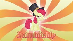 Size: 3840x2160 | Tagged: safe, artist:baumkuchenpony, character:apple bloom, species:earth pony, species:pony, abstract background, clothing, female, filly, hat, high res, monocle, solo, top hat, wallpaper