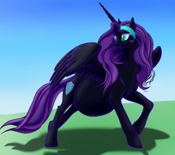 Size: 2500x2217 | Tagged: safe, artist:leovictor, artist:vasillium, oc, oc only, oc:nyx, species:alicorn, species:pony, :o, alicorn oc, belly, colored, looking back, messy mane, older, open mouth, pregnant, raised hoof, solo, spread wings, wings