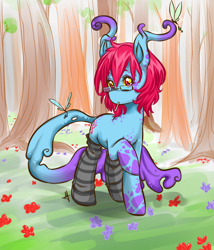 Size: 600x700 | Tagged: safe, artist:tiki-sama, oc, oc only, oc:cteno, species:pony, bug pony, clothing, dappled, female, flower, forest, get, glasses, hybrid, index get, insect, looking at you, mare, monster pony, mouth hold, nature, nice, original species, raised hoof, socks, solo, striped socks
