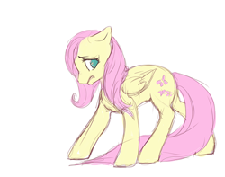 Size: 500x393 | Tagged: safe, artist:noel, character:fluttershy, female, floppy ears, frown, gritted teeth, looking back, nervous, solo