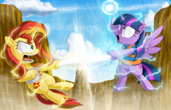 Size: 1224x792 | Tagged: safe, artist:berrypawnch, character:sunset shimmer, character:twilight sparkle, character:twilight sparkle (alicorn), species:alicorn, species:pony, species:unicorn, angry, beam, beam struggle, commission, crossover, derp, dragon ball, dragon ball z, evil, fight, flying, goku, lightning, lol, magic, mountain, open mouth, parody, saiyan armor, super saiyan princess, vegeta