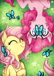 Size: 526x744 | Tagged: safe, artist:tsurime, character:fluttershy, character:pinkie pie, ship:flutterpie, butterfly, female, from above, grass, high angle, lesbian, on back, shipping, smiling