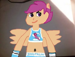 Size: 800x600 | Tagged: safe, artist:shafty817, character:scootaloo, species:pegasus, species:pony, fighting is magic, my little pony:equestria girls, 1000 hours in ms paint, belly button, boxing, boxing bra, boxing shorts, clothing, eared humanization, exeron fighters, fight, humanized, midriff, ms paint, ponied up, scootaloo dash, shorts, sports bra