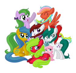 Size: 600x574 | Tagged: safe, artist:xkappax, character:bubbles (g1), character:gusty, character:moondancer (g1), character:shady, species:bushwoolie, species:earth pony, species:pegasus, species:pony, species:unicorn, g1, braid, crown, eager (g1), flutterbye, g1 to g4, generation leap, jewelry, regalia, seashell (g1), simple background, star (coat marking), transparent background