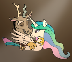 Size: 1476x1272 | Tagged: safe, alternate version, artist:greenlinzerd, character:discord, character:princess celestia, ship:dislestia, eyes closed, female, hug from behind, male, shipping, spread wings, straight, wings
