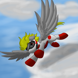 Size: 2600x2600 | Tagged: safe, artist:flashiest lightning, oc, oc only, species:pegasus, species:pony, cloud, cloudy, flight, helmet, male, racing horse, racing suit, solo