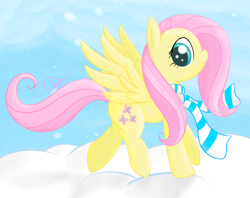 Size: 1224x968 | Tagged: safe, artist:twilightsquare, character:fluttershy, clothing, female, scarf, snow, snowfall, solo, winter