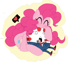 Size: 1500x1300 | Tagged: safe, artist:misspolycysticovary, character:pinkie pie, species:earth pony, species:pony, :t, adventure time, biting, blushing, candy, crossover, crying, cute, female, happy, heart, mare, peppermint butler, scared