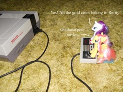 Size: 800x600 | Tagged: safe, artist:eratosofcyrene, character:fluttershy, character:rarity, species:pegasus, species:pony, species:unicorn, female, irl, mare, mario, nintendo, nintendo entertainment system, photo, playing video games, rarigamer, super mario bros., toy, video game