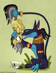 Size: 2300x3000 | Tagged: safe, artist:drako1997, character:ahuizotl, character:daring do, ship:darizotl, ahuidorable, blushing, cute, daring dorable, dock, eyes closed, female, holding head, interspecies, kissing, male, shipping, smiling, straight, stupid sexy ahuizotl, suspended, tail pull, underhoof, upside down, wide eyes