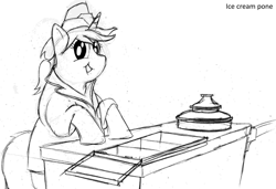 Size: 2343x1602 | Tagged: safe, artist:fatponysketches, oc, oc only, belly, cart, chubby, clothing, fat, hat, ice cream, ice cream pony, ice cream salesmare, monochrome, solo