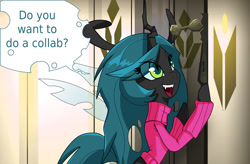 Size: 1280x841 | Tagged: safe, artist:jokerpony, character:queen chrysalis, ask teen chrysalis, clothing, do you want to build a snowman, frozen (movie), song reference, sweater