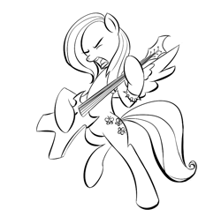 Size: 851x838 | Tagged: safe, artist:rubrony, character:fluttershy, species:pony, bipedal, female, guitar, monochrome, musical instrument, solo