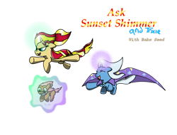Size: 1050x800 | Tagged: safe, artist:turkleson, character:babs seed, character:sunset shimmer, character:trixie, species:pony, species:unicorn, flying, magic, sunset-answers