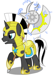 Size: 3235x4715 | Tagged: safe, artist:junkiesnewb, oc, oc only, oc:nox arcana, species:pony, species:unicorn, armor, axe, electricity, grin, hoof hold, lightning, royal guard, simple background, smirk, transparent background, vector, weapon